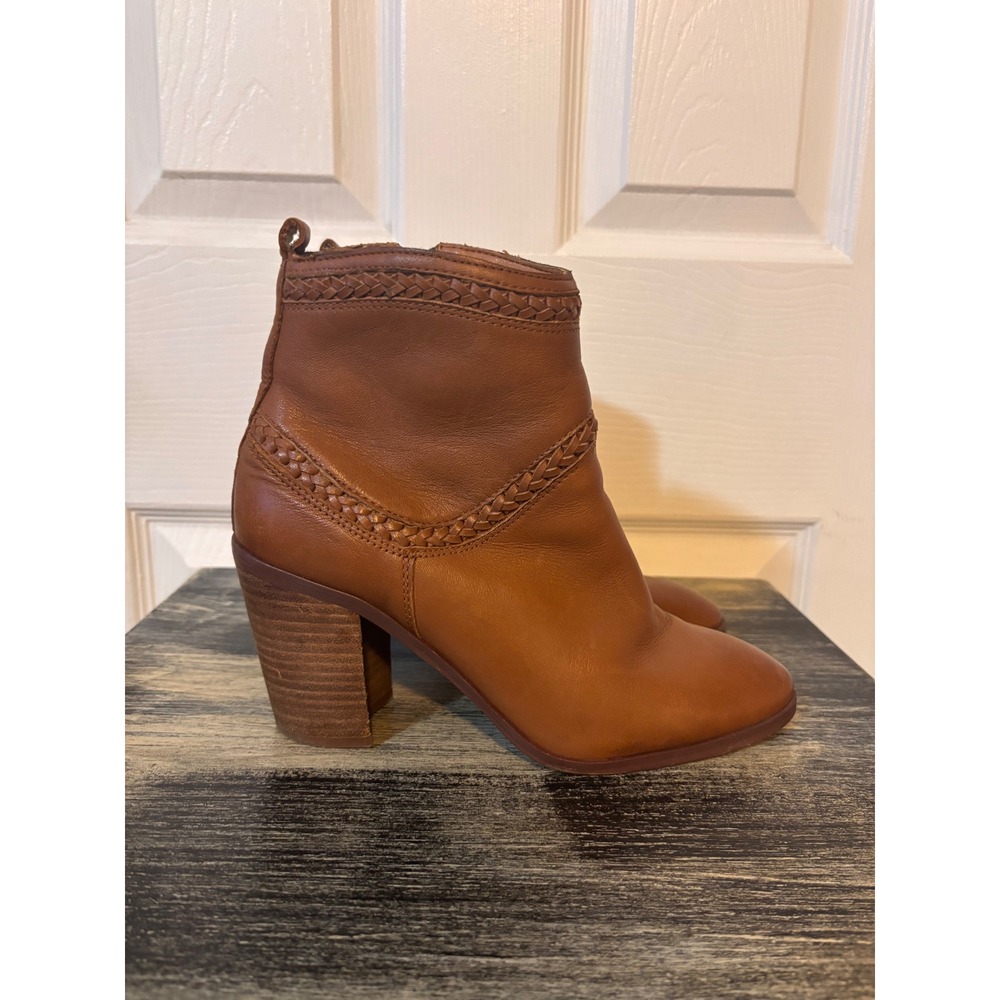 Brown Leather Braided Ankle Boots Pointed Toe Stacked Block Heel Size 8.5